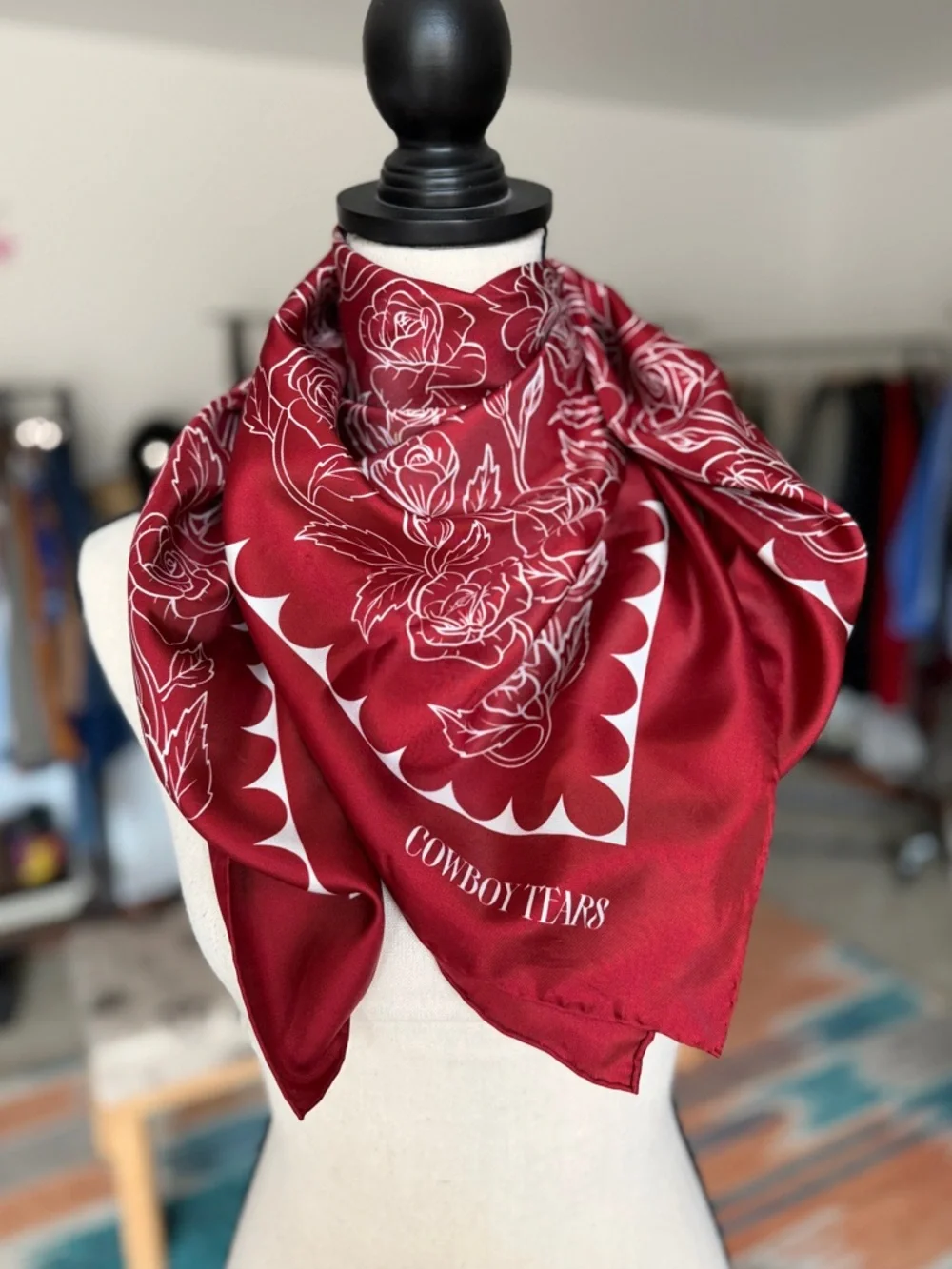 Red Silk Scarf with White Floral Design